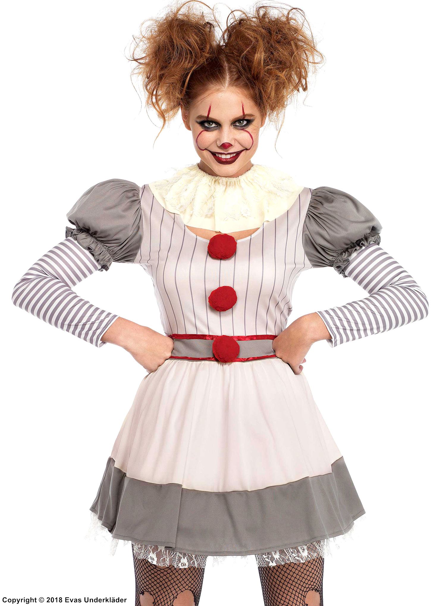 Creepy female clown from IT, costume dress, long sleeves, collar, pom pom buttons, stripes